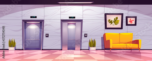 Hallway with lift doors, empty lobby interior with couch, slightly ajar and open elevator gates. Office or hotel with passenger cabins, button panel and floor indicator, Cartoon vector illustration