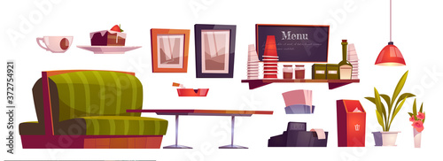 Coffee shop interior with couch, wooden table, cashbox and cups on shelf. Vector cartoon set of furniture of cafe with coffee, tea and cake, menu board, ashtray and plants isolated on white background