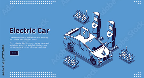 Electric car banner. Automobile on charger station with plug in cable and solar panels. Landing page of modern vehicle with energy battery with isometric illustration of charging suv car