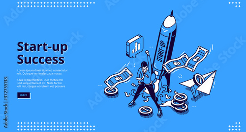 Startup success banner. Concept of successful launch and management business project, growth company. Vector landing page with isometric illustration of winner man and flying up rocket