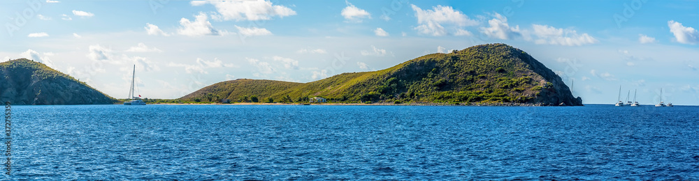 A panorama view towards the bay of Dead Chest Island of the main island of Tortola