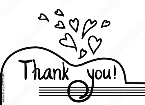 Music Thanks card with guitar and thanks text. Hand draw black graphic illustration isolated on white