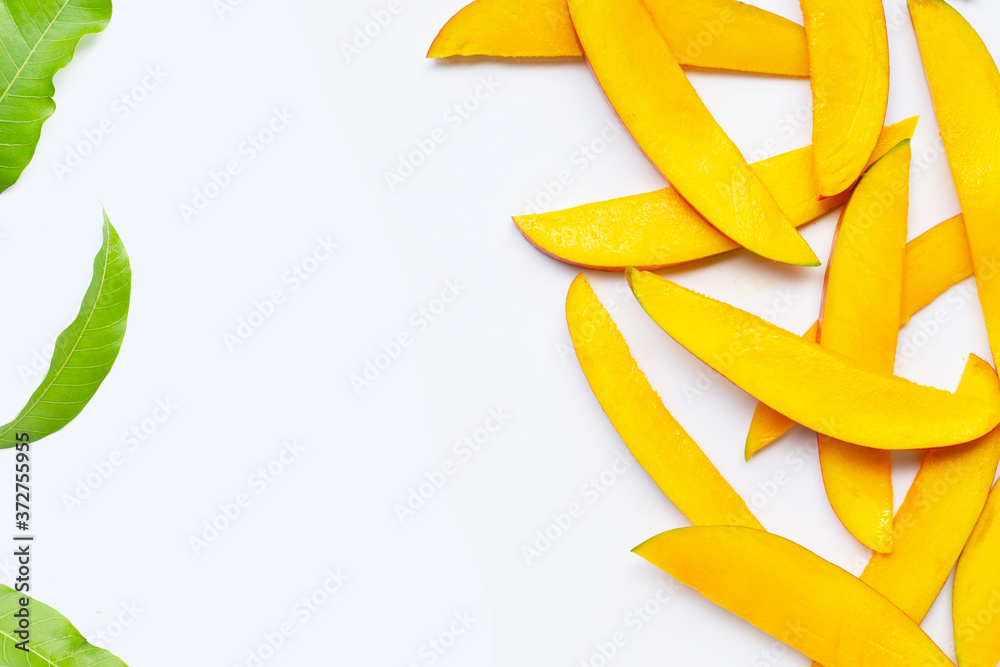 Obraz premium Tropical fruit, Mango slices on white background.