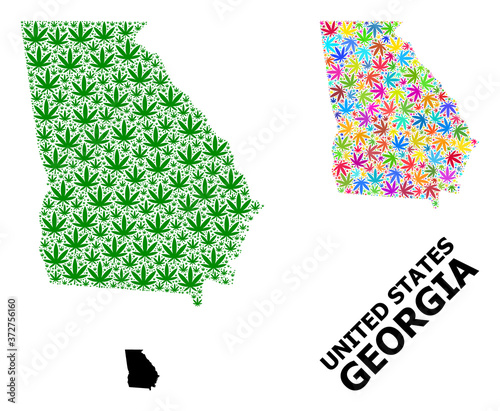 Vector Collage Map of Georgia State of Bright and Green Marijuana Leaves and Solid Map