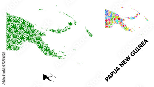 Vector Collage Map of Papua New Guinea of Bright and Green Hemp Leaves and Solid Map photo