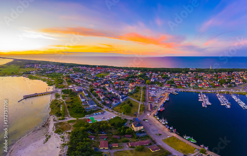 Fototapeta Naklejka Na Ścianę i Meble -  Beautiful Panorama color sky, sunset by the Baltic Sea, Jastarnia, Poland. Aerial View