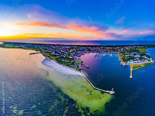 Beautiful Panorama color sky, sunset by the Baltic Sea, Jastarnia, Poland. Harbor. Aerial View photo