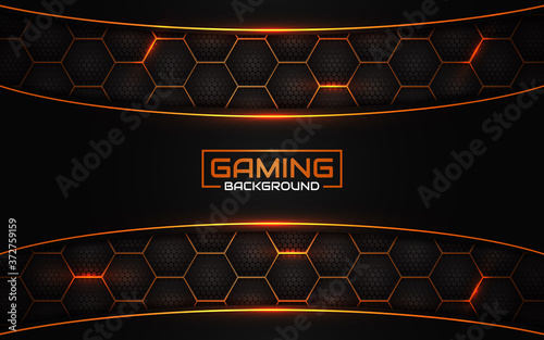 Abstract futuristic black and orange gaming background with glossy metal esport shapes. Vector design template technology concept can use element game banner, sport poster, wallpaper, web streaming