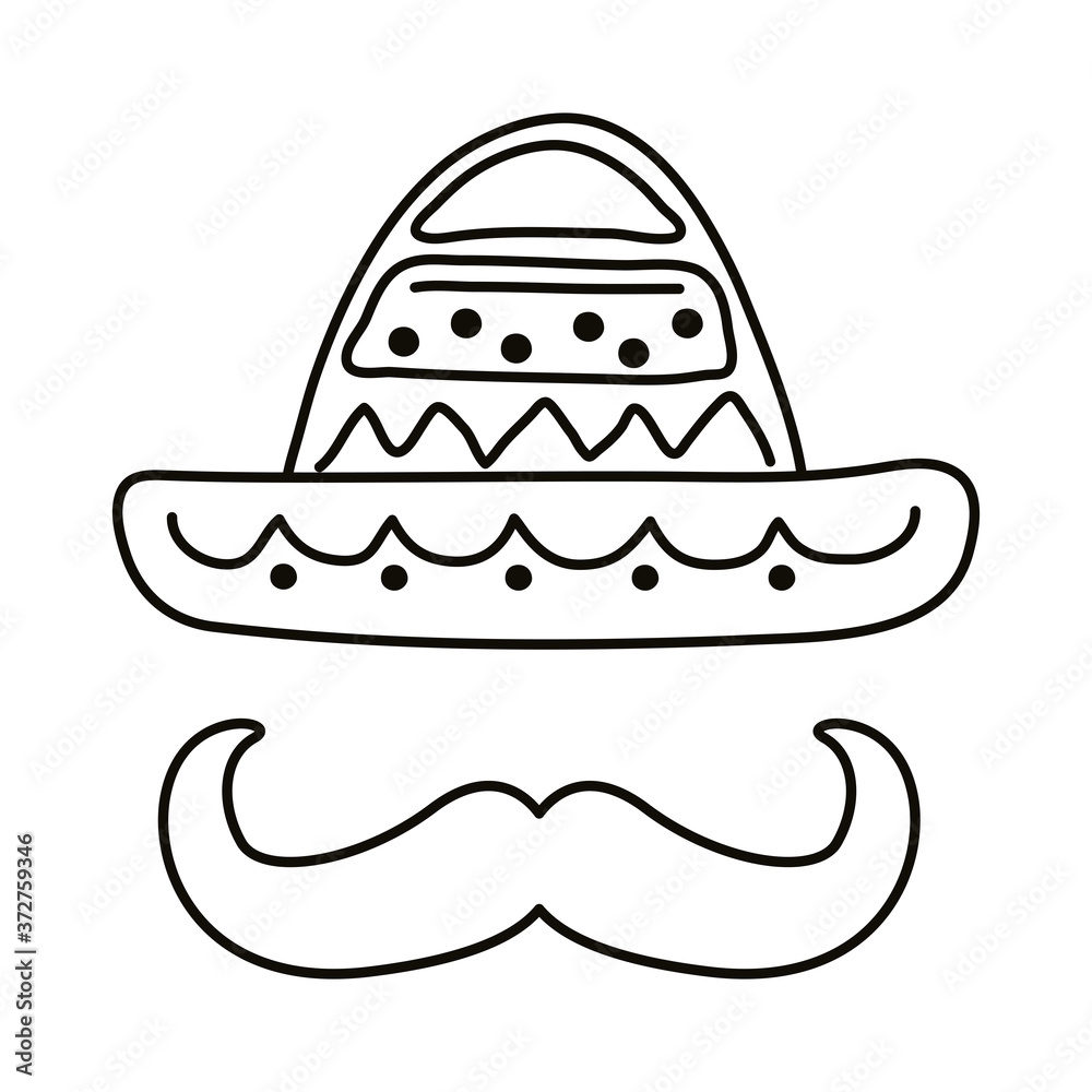 traditional mexican hat with mustache line style icon