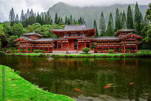 Peaceful Byodo-In Buddist Temple on Oahu in Hawaii in Valley of the Temples Memorial Park