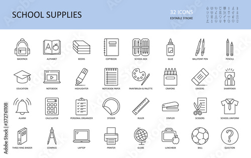 Vector school supplies icons. Editable stroke. Stationery alphabet book backpack, copybook plastic box glue stick. Ballpoint pen pencil crayon, scissors stapler ruler notebook paper highlighter globe