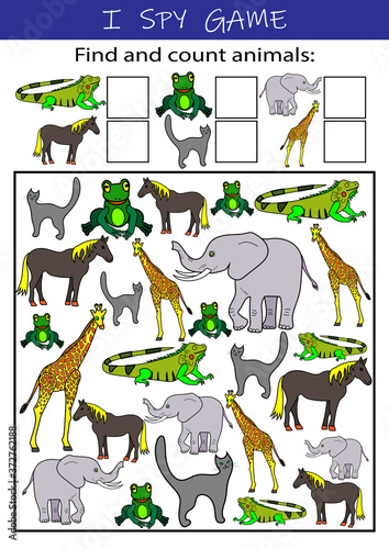 I spy animals educational game for kids. Math worksheet for kindergarten, school, preschool. Development of numeracy skills and attention.