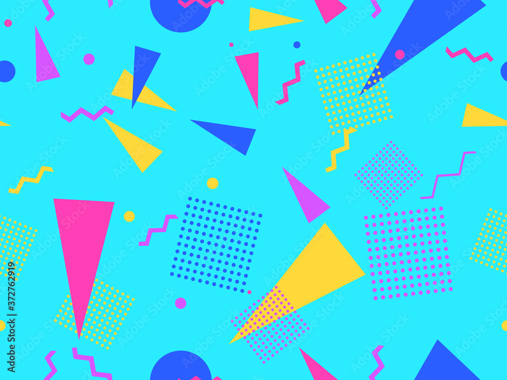 Geometric seamless pattern in style of the 80s. Zigzags and triangles, dots in pop art style. Background for promotional products, wrapping paper and printing. Vector illustration