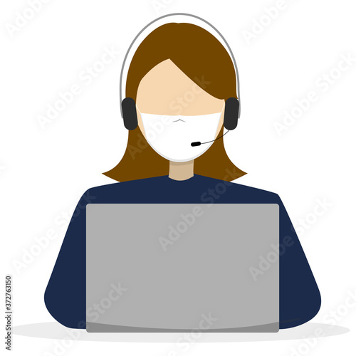 Man and woman working on laptops computers, online working maintain social distancing, coronavirus concept. Call center. Covid-19. Vector illustration.