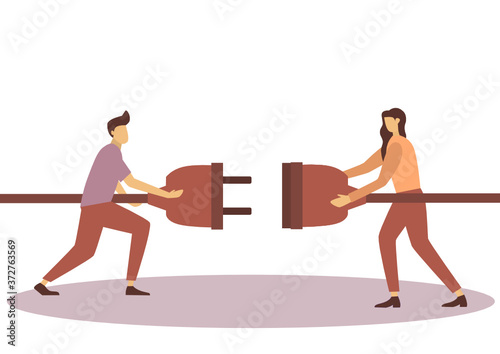 People Hold Plug in Hands. Man and Woman Connecting Power Socket. 