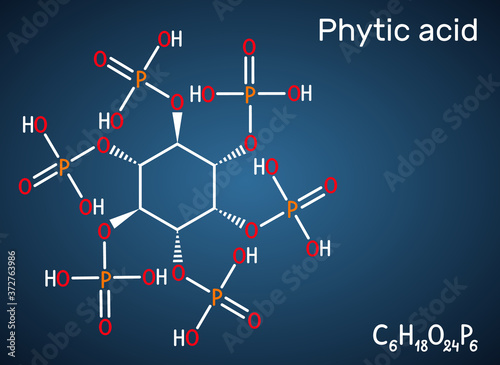 Phytic acid, fytic acid, phytate, phytine, myo-inositol hexakisphosphate molecule. It has role as iron chelator, antineoplastic agent, cofactor. Dark blue background