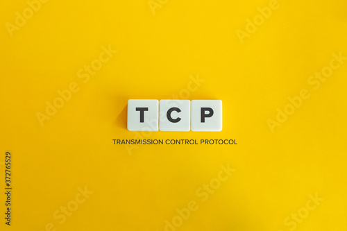 TCP (Transmission Control Protocol) banner and concept. Block letters on bright orange background. Minimal aesthetics.