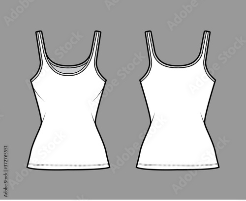 Cotton-jersey tank technical fashion illustration with scoop neck, close fit, tunic length. Flat outwear basic camisole apparel template front back white color. Women men unisex shirt top CAD mockup