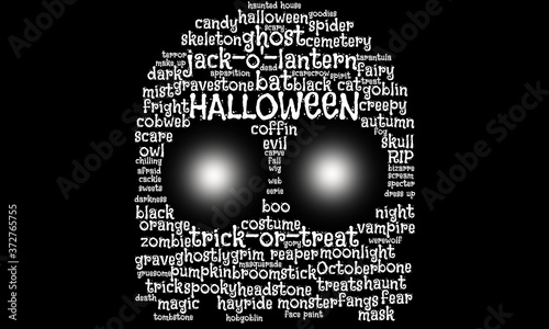 Ghost word cloud, tag cloud with glowing eyes, concept for Halloween, October 31, costumes, trick or treat
