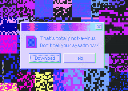 Conceptual illustration of a virus programm, malware, hacker attack. Infected computer screen with warning messages and buggy and glitchy pixels.