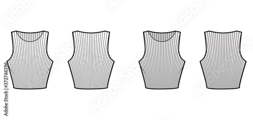 Cropped ribbed cotton-jersey tank technical fashion illustration with slim fit, waist length, crew neckline. Flat outwear top apparel template front, back white grey color. Women men unisex shirt knit