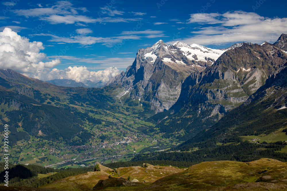 Naklejka premium A high angle view of the village of Grindelwald and the Wetterhorn in the Swiss Alps.
