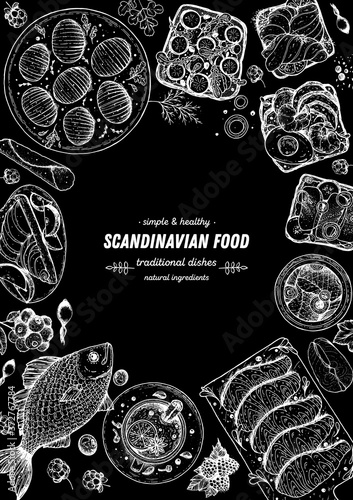 Scandinavian cuisine top view frame. Smorgasbord illustration. A set of Scandinavian dishes . Food menu design template. Vintage hand drawn sketch vector illustration. Engraved image
