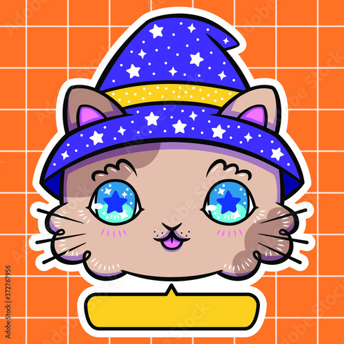 vector die cut sticker illustration of halloween beige brown cat with blue eyes tongue out and witch wizard starry purple hat, dialogue box bubble balloon aesthetic orange squared quadrille background