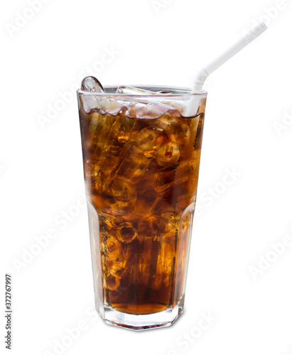 Close up and beautiful cola drinks and ice tubes in the glass on white background isolation pattern for concept design, fizzy water or fizzy cola on white isolated patterns and clipping path for using