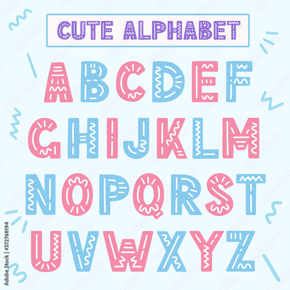 Cute vector illustration with doodle alphabet, pink and blue letters Cute vector illustration with doodle alphabet, pink and blue letters