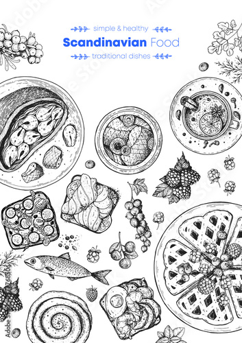 Scandinavian cuisine top view frame. Smorgasbord illustration. A set of Scandinavian dishes . Food menu design template. Vintage hand drawn sketch vector illustration. Engraved image
