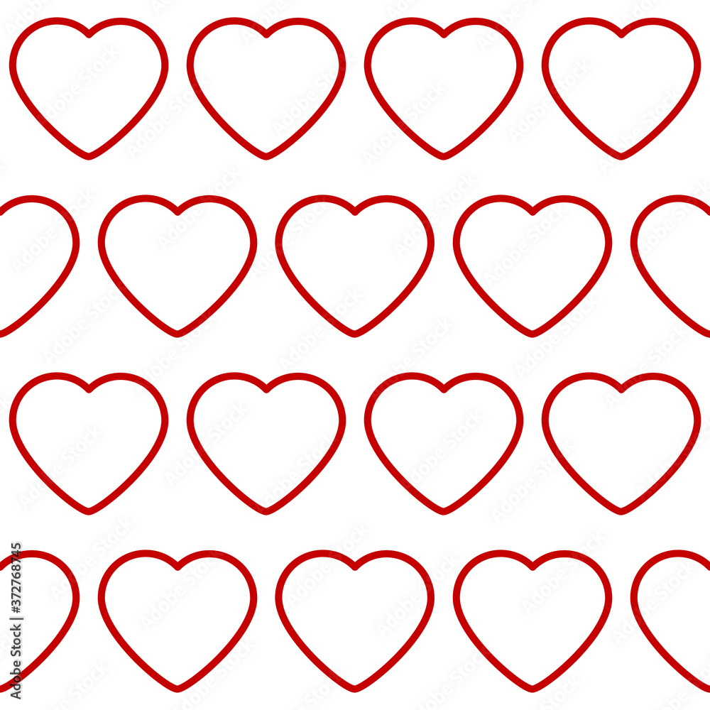Pattern with red contours of hearts on a white background