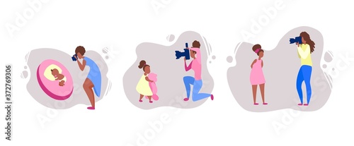 African American Moms take pictures of their daughters on camera. A set of women who take pictures of how their children grow: a baby, a girl with a teddy bear and a teenager. Vector drawings, flat