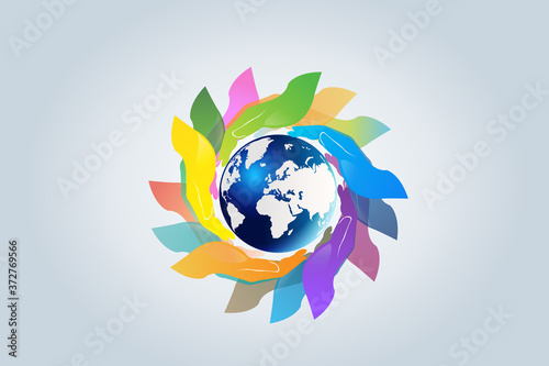Hands holding a global world map logo vector web image