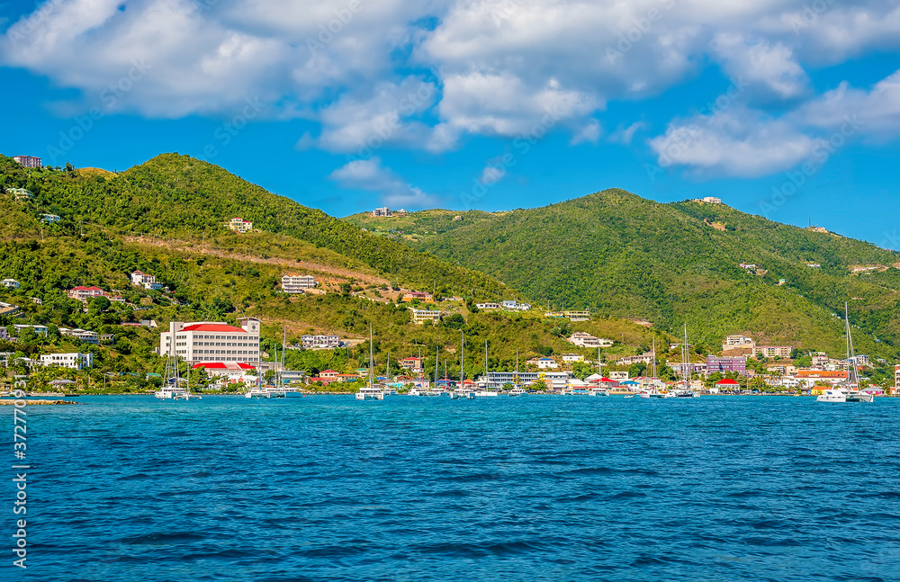 A view from the sea toward Road Town on the main island of Tortola