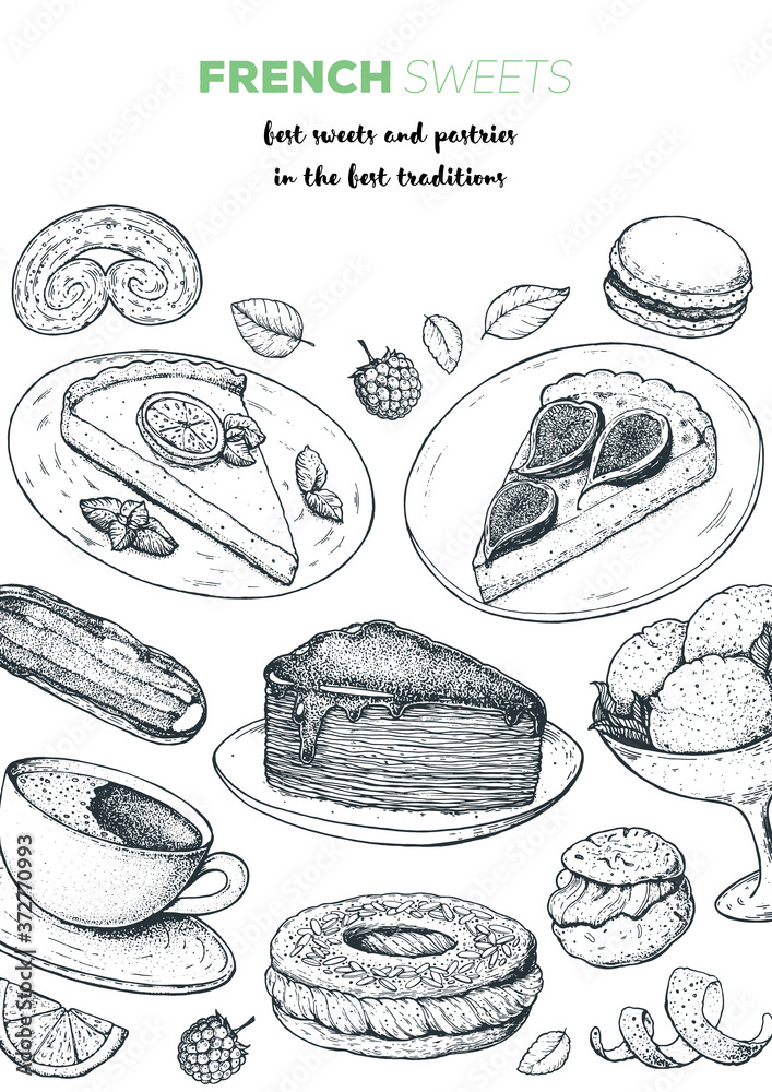 French desserts set with lemon pie, eclair, paris brest, faux crepe cake, fig pie, macaron, palmier. French cuisine top view frame. Food menu design template. Hand drawn sketch vector illustration.