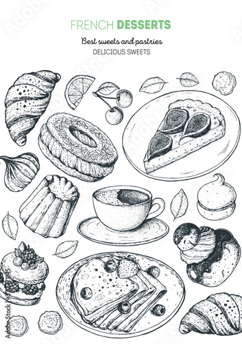 A set of french desserts with canele, Ispahan, crepes, chocolate religieuse, paris brest, fig tart. French cuisine top view frame. Food menu design template. Hand drawn sketch vector illustration