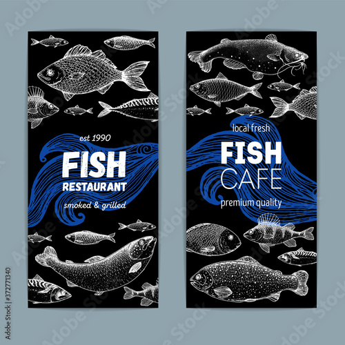 Seafood fish banner set. Fish sketch collection. Hand drawn vector illustration. Food menu illustration. Hand drawn tuna, flounder, cod fish, herring, mackerel, salmon, perch. Engraved style