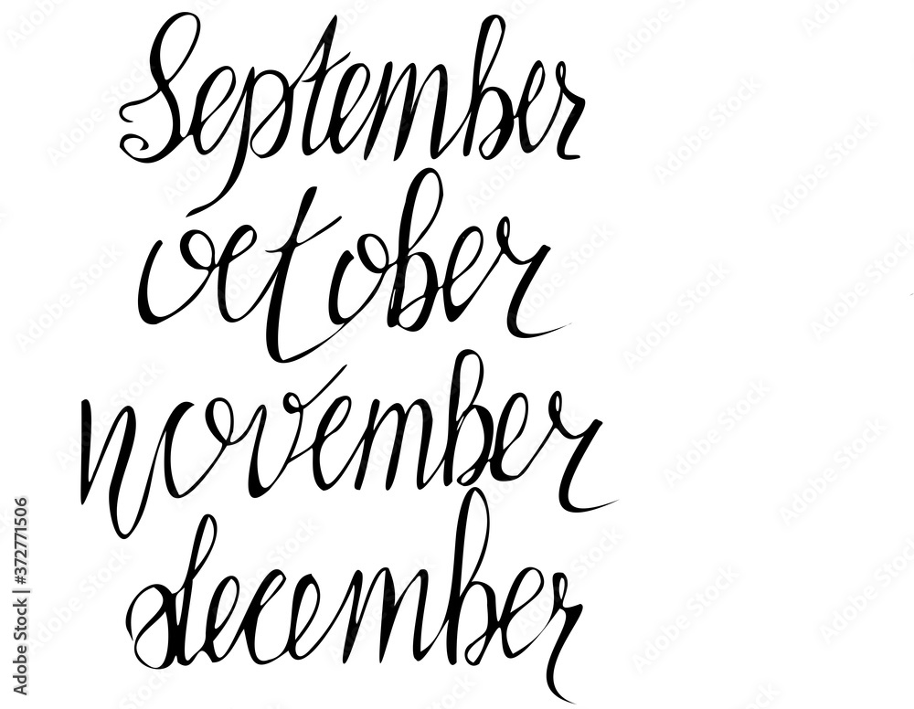Autumn months September October November. December Outline doodle hand drawn lettering phrases for calendar, planner, social networks, bullet journal. Stock vector isolated illustration. Autumn months September October November. December Outline doodle hand drawn lettering phrases for calendar, planner, social networks, bullet journal. Stock vector isolated illustration.
