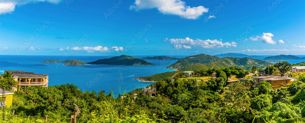 A panorama view from Ridge Road towards the islands of Guana, Great Camanoe and Scrub from the main island of Tortola