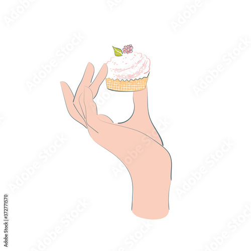 The hand holding the cake in the fingers. Vector simple sketch on a white background.
