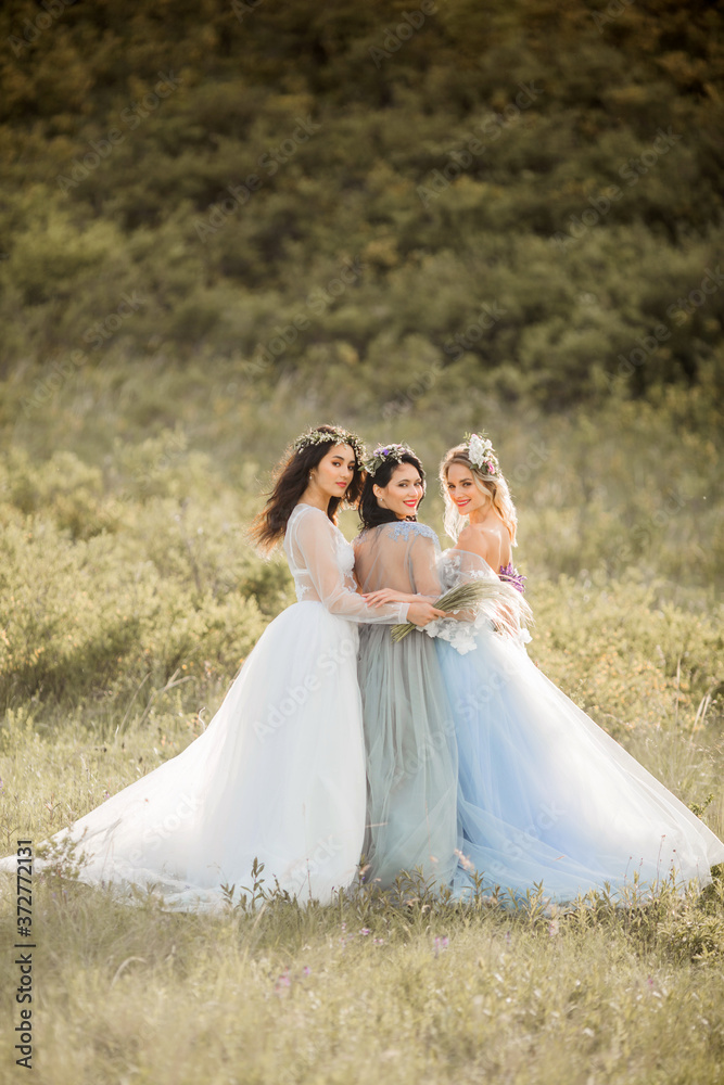 three beautiful young females with makeup and hairstyle in delicate summer dresses