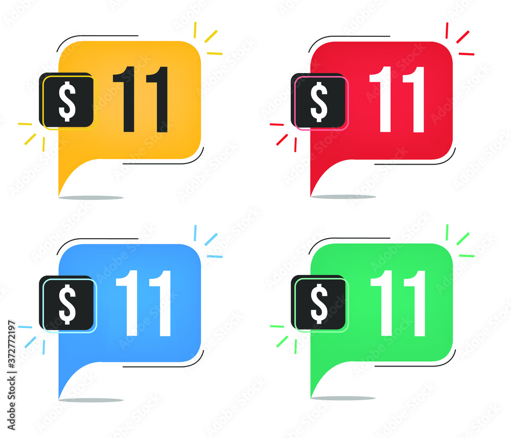 11 dollar price. Yellow, red, blue and green currency tags with balloon concept. 11 dollar price. Yellow, red, blue and green currency tags with balloon concept.