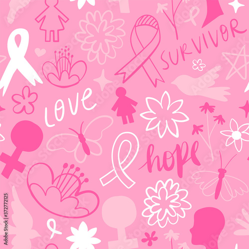 Breast cancer pink flower doodle background