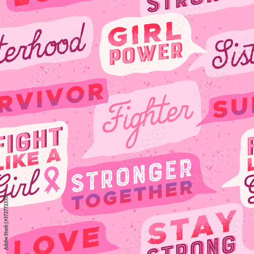 Breast cancer pink fight quotes seamless pattern