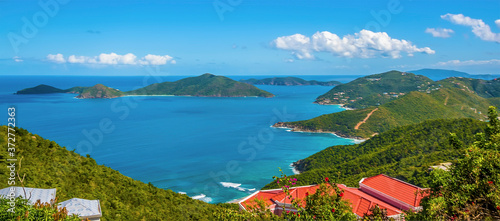 A view over the roof tops of Tortola towards the islands of Guana, Great Camanoe and Scrub