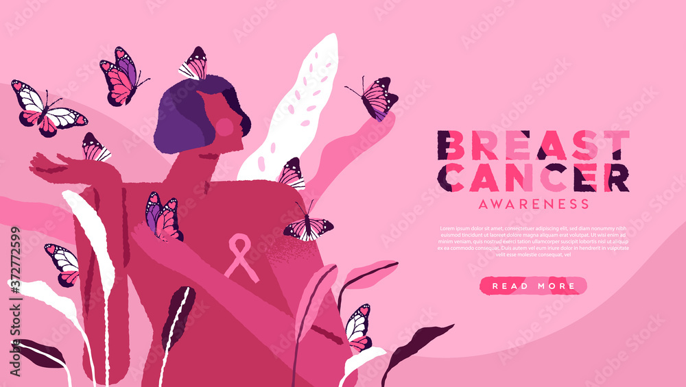 Breast cancer web template of pink butterfly woman