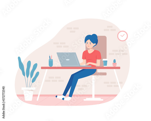 Attractive woman working on laptop. Freelance, remote work, home office design © Ksenia Keren