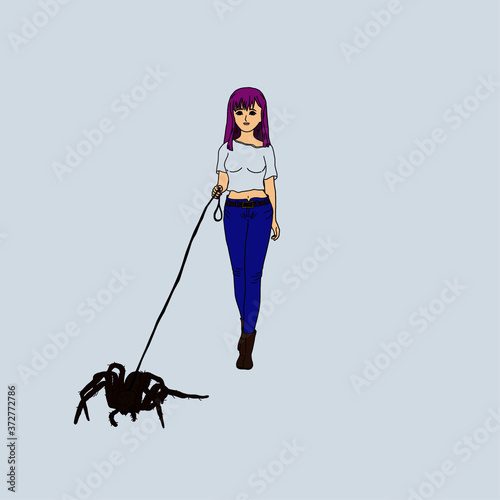 junge Frau geht mit einer Spinne an der Leine


