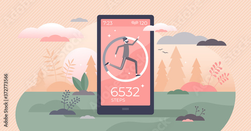 Step counter and pedometer activity app measurement tiny persons concept